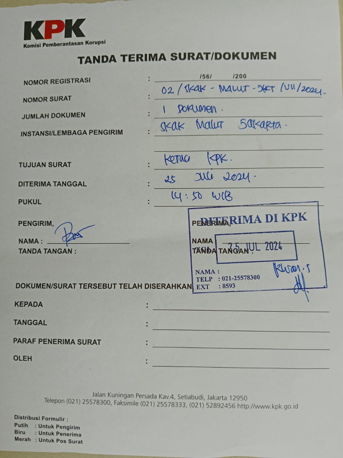 Bukti Tanda Terima Laporan KPK